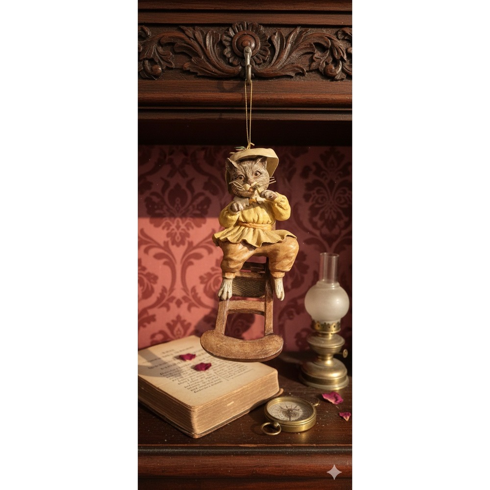 MMA Anthropomorphic Cat on Rocking Chair Ornament Yellow Outfit Vintage Style